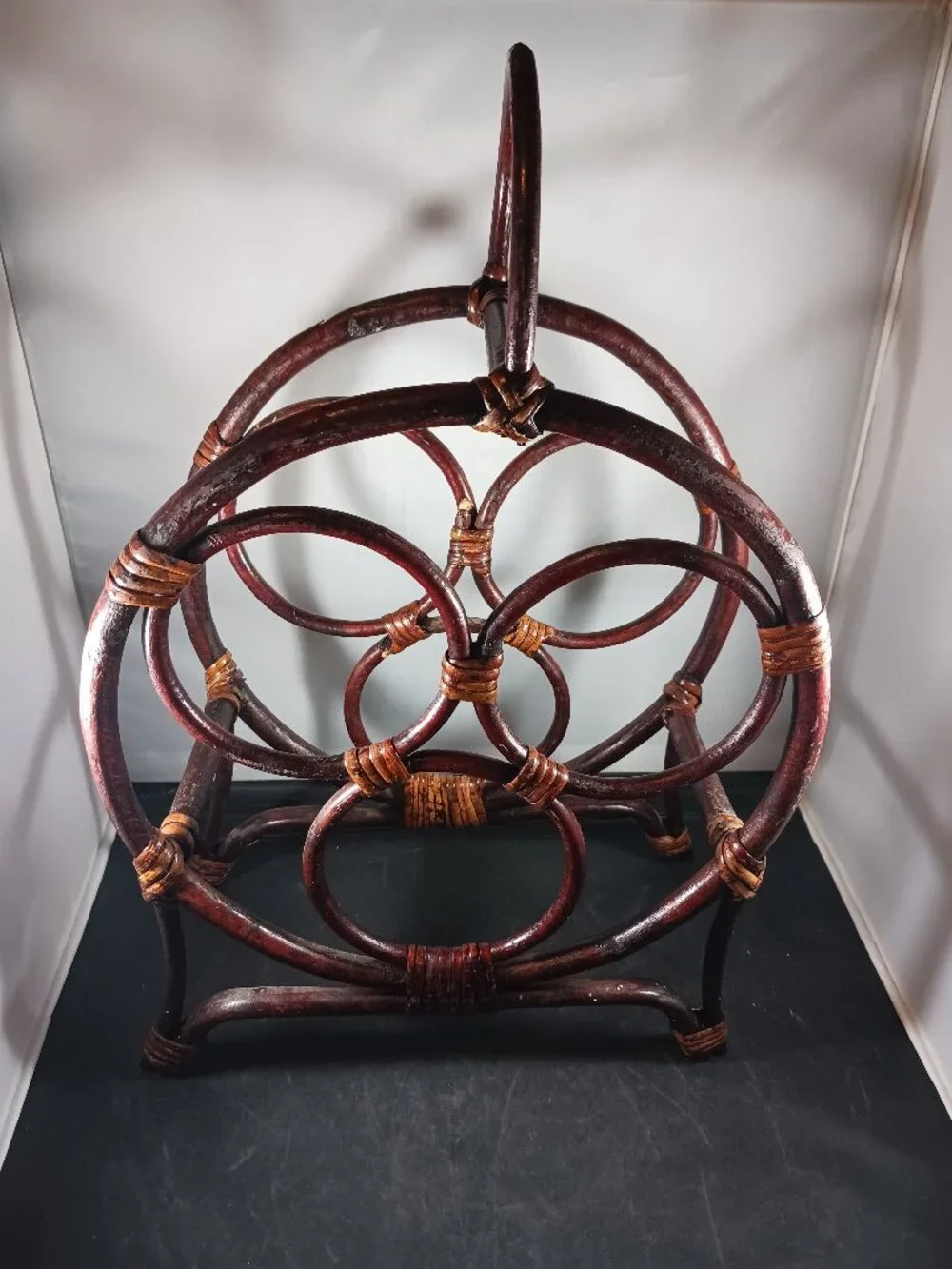 Vintage MCM Rattan Bamboo Wine Rack Holder Circle Round 3 Holders